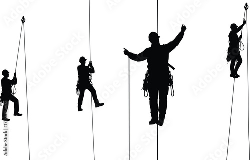 Silhouette climbers rappelling on rope, adventure sport training, extreme outdoor activity, mountaineering teamwork, vertical descent challenge, harness safety gear
