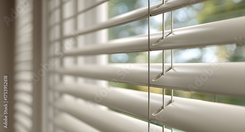 Horizontal blinds filter soft daylight from a window creating shadow patterns.
