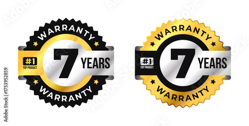 Premium 7 years warranty badge vector with black, gold and silver colors. Perfect for product guarantee, quality assurance, label, or certification design