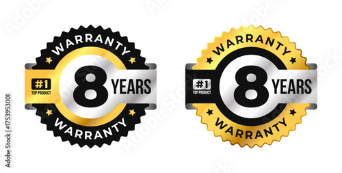 Premium 8 years warranty badge vector with black, gold and silver colors. Perfect for product guarantee, quality assurance, label, or certification design