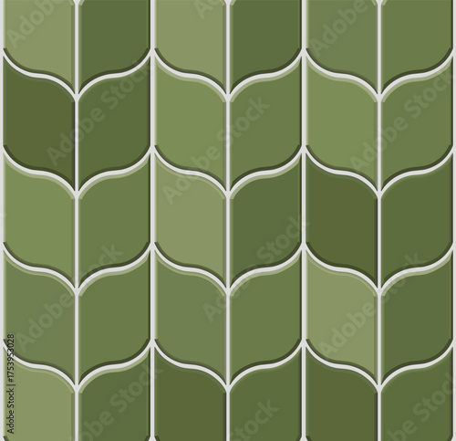 A seamless geometric tile pattern featuring leaf-shaped designs in various shades of green. The curved edges and subtle shadows create a 3D effect, giving the tiles a modern and organic look.