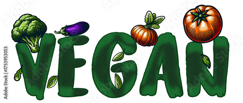 Transparent PNG Text with Vegetables upon the text VEGAN 
