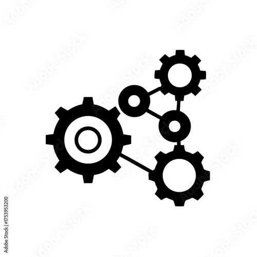 Black gears connected with circles design on transparent background silhouette