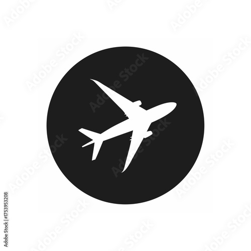 Airplane icon on a dark circular background on transparent background silhouette