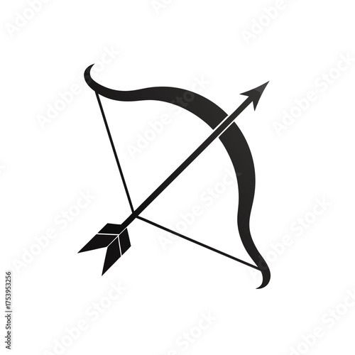 Illustration of a bow and arrow in black on transparent background silhouette