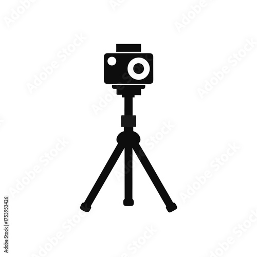 Camera on a tripod in black and white style on transparent background silhouette