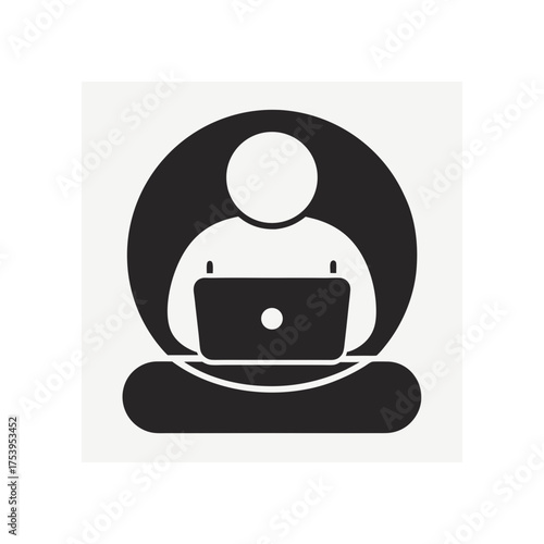 Person sitting with a laptop in black and white on transparent background silhouette
