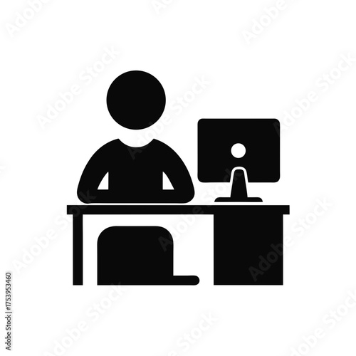 Person sitting at desk with computer icon on transparent background silhouette