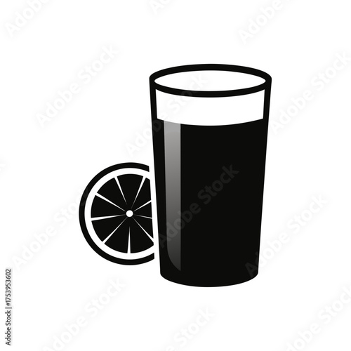 Glass of dark liquid with orange slice on transparent background silhouette