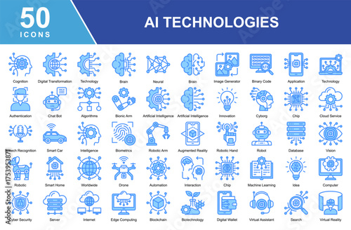 Artificial Intelligence Technologies icon set featuring icons for AI, machine learning, automation, big data, and cybersecurity. Perfect for tech, robotics, and data-driven innovation projects.