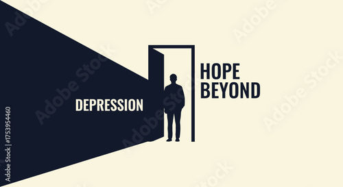 A symbolic vector illustration of a person transitioning from the darkness of depression to the light of hope through an open door
