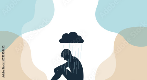 Conceptual illustration of a person experiencing depression, with a rain cloud overhead symbolizing sadness, grief, and mental turmoil