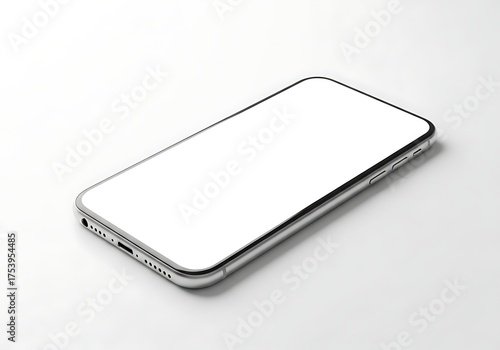 Silver smartphone with a blank white screen laying diagonally on a white surface, showing the side buttons and ports.