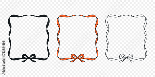 Ribbon Frame Set with Bow, Vector Illustration. Wavy Square Border, Ribbon Frame Outline. Ribbon Frame Badge for Invitation, Greeting Card, Label, Sticker, Scrapbook, Pack Design