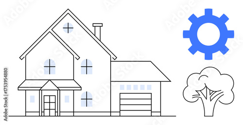 Suburban house with garage, adjacent tree, and gear symbol for planning, engineering, architecture, real estate, home improvement, creativity, sustainable living simple flat metaphor