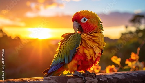 Vibrant and Detailed Sun Conure Portrait Perched at Golden Hour Nature