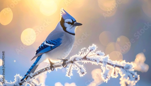 Bright and Airy Winter Blue Jay Perched on Frosty Branch Portrait