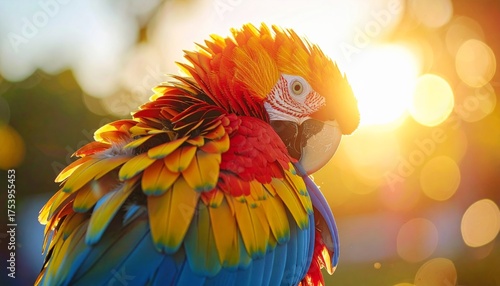 Vivid Colorful Macaw Close Up with Soft Golden Hour Sunlight Background