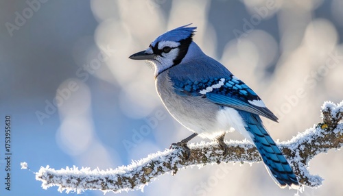 Detailed Close-up of a Beautiful Blue Jay Perched on a Branch in Winter
