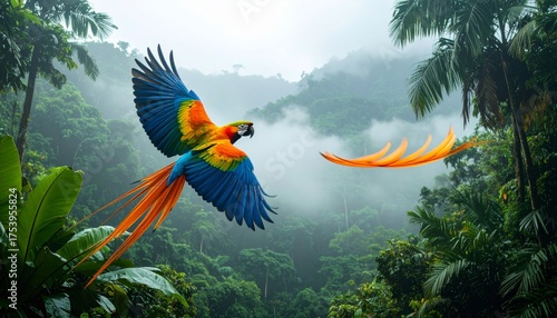 Majestic Scarlet Macaw Parrot in Flight Across Lush Green Rainforest