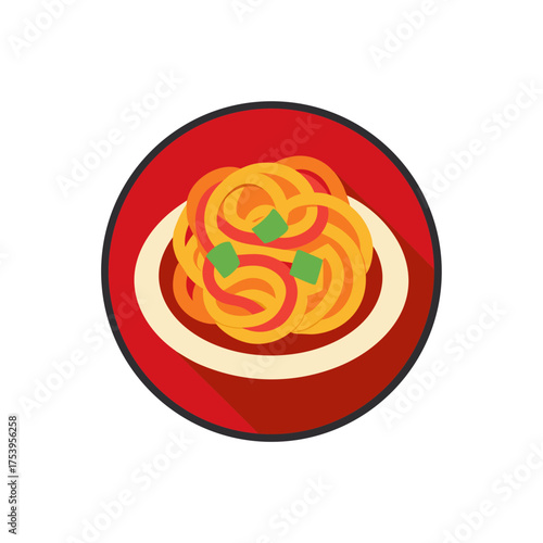 Spaghetti with green garnish on red plate on transparent background