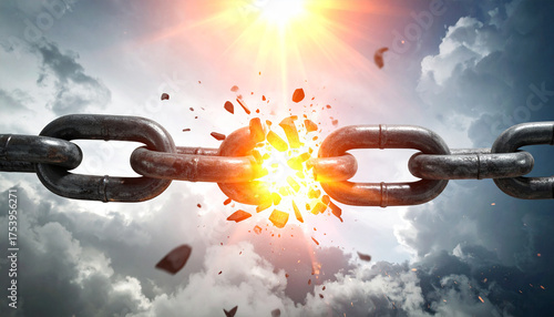 Breaking Chains: An image symbolizing liberation and breaking free, with the chain's center shattered by a powerful force, suggesting the end of constraints.