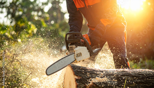 Arborist at Work: An arborist expertly wields a chainsaw, cutting through a log, capturing the skill and strength required in forestry. Capturing the artistry of woodcutting.