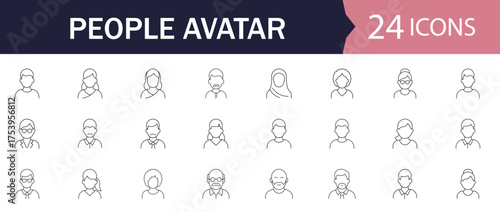 People Avatar Line Editable Icons set. A sleek vector illustration in modern thin line style showcasing diverse portraits by age, gender, and nationality. A solid linear icon set.