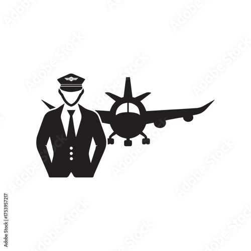 Pilot with Airplane and Globe Silhouette Vector