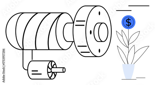 Machinery with coiled structure and motor linked to a growing plant bearing a money icon. Ideal for automation, industry, investment, innovation, sustainability, finance, productivity. Simple flat