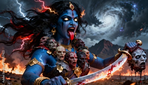 Fierce hindu goddess kali with blue skin, holding a severed head and sword amidst a stormy, fiery landscape