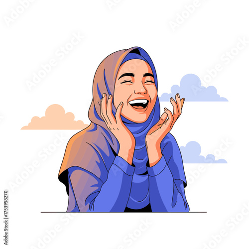 Cheerful Muslim Woman in Hijab Laughing Heartily, Portraying Pure Joy and Positive Emotions.