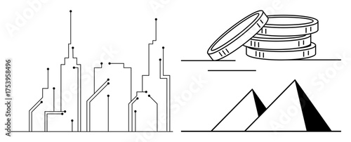 Cityscape with circuit lines, coin stack, and pyramids representing technology, economy, and timeless progress. Ideal for urban innovation, digital economy, technology evolution, financial systems