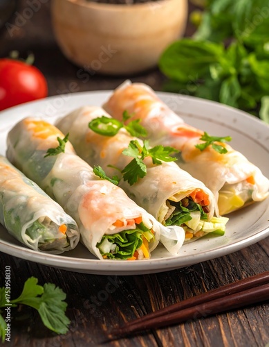 Close-up of fresh, colorful spring rolls on a white plate with garnishes