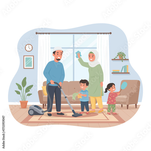 Muslim Family Doing House Cleaning Together