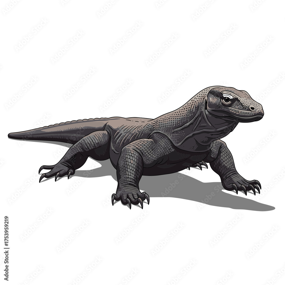 Obraz premium Detailed Vector Illustration of a Komodo Dragon with Shadow, Endangered Species Art.
