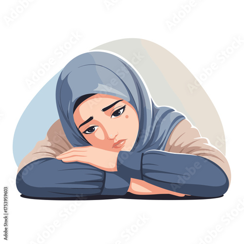 Upset Hijabi Woman Resting Head on Arms, Expressing Sadness or Disappointment