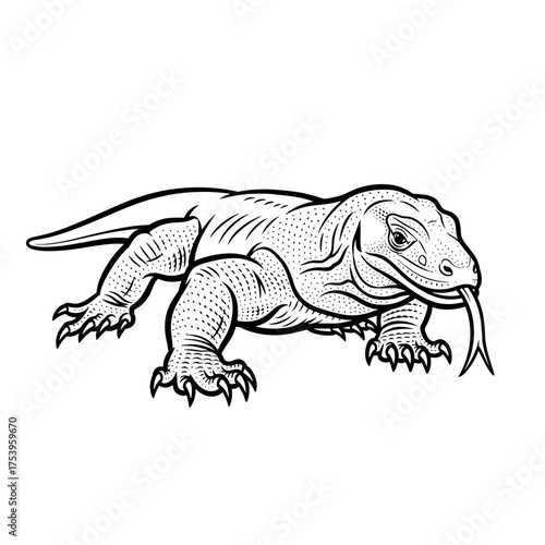 Robust Komodo Dragon Line Art Illustration in Side Profile with Textured Skin and Extended Tongue, Wild Animal Vector