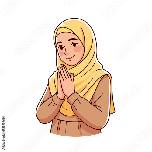 Gentle Hijabi Woman with Clasped Hands, Expressing Greeting or Gratitude