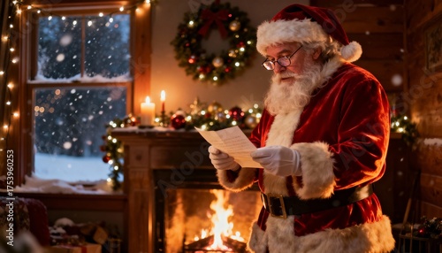 Santa claus reading a letter by a cozy fireplace on a snowy christmas eve night