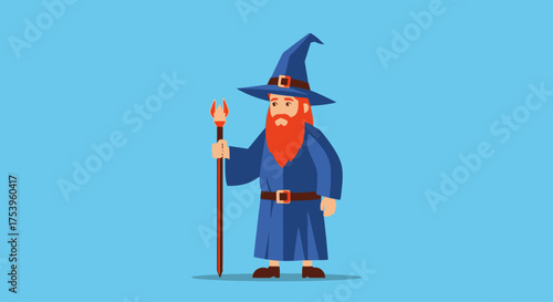 Cartoon Wizard Character with Blue Robe and Staff on Light Blue Background for Fantasy Illustrations and Educational Resources