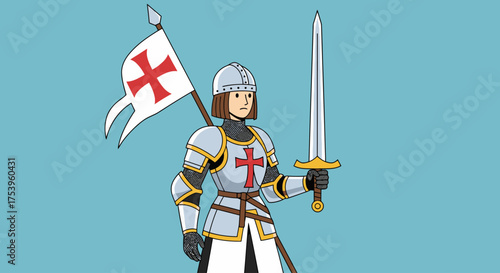 Cartoon Illustration of a Medieval Crusader Knight in Full Armor Holding a Sword and Flag, Ideal for Educational Resources or Historical Narratives