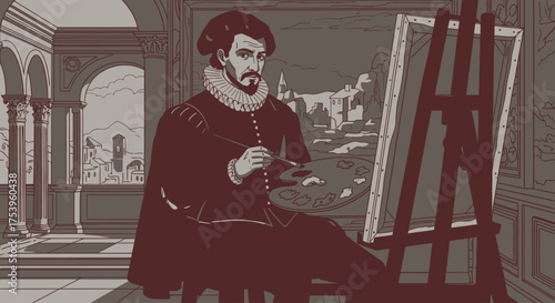 Renaissance Artist Painting in a Grand Studio, Embodying Artistic Passion and Historical Craftsmanship, Ideal for Art Education and Historical Visualizations.
