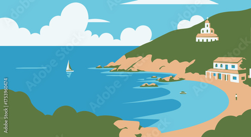Serene Coastal Landscape Illustration with Mediterranean Architecture and Sailing Boat, Ideal for Travel Brochures, Tourism Websites, or Vacation-themed Graphic Designs