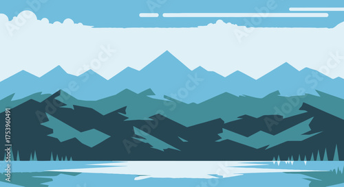 Serene Mountain Landscape Illustration with Water Reflection, Ideal for Nature-Themed Websites, Travel Blogs, and Minimalist Design Projects