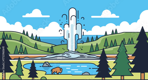 Vibrant Yellowstone National Park Illustration Featuring Old Faithful Geyser and Wildlife, Ideal for Educational Materials and Travel Promotion