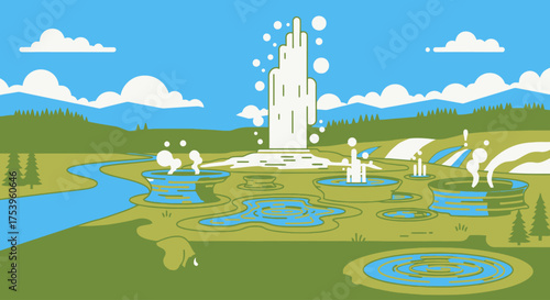 Geothermal landscape illustration showcasing clean energy sources and environmental conservation efforts for sustainable future initiatives.