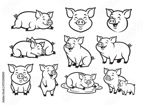 Vector of collection of happy, smiling pig characters in various poses like playing, sitting, and rolling in mud, in line art style.