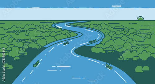 Serene River Landscape with Canoes, Ideal for Illustrating Ecotourism, Outdoor Adventures, and Environmental Conservation Initiatives