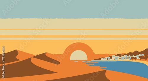 Serene desert landscape illustration featuring a coastal village at sunset, ideal for travel brochures, minimalist art prints, and website backgrounds.